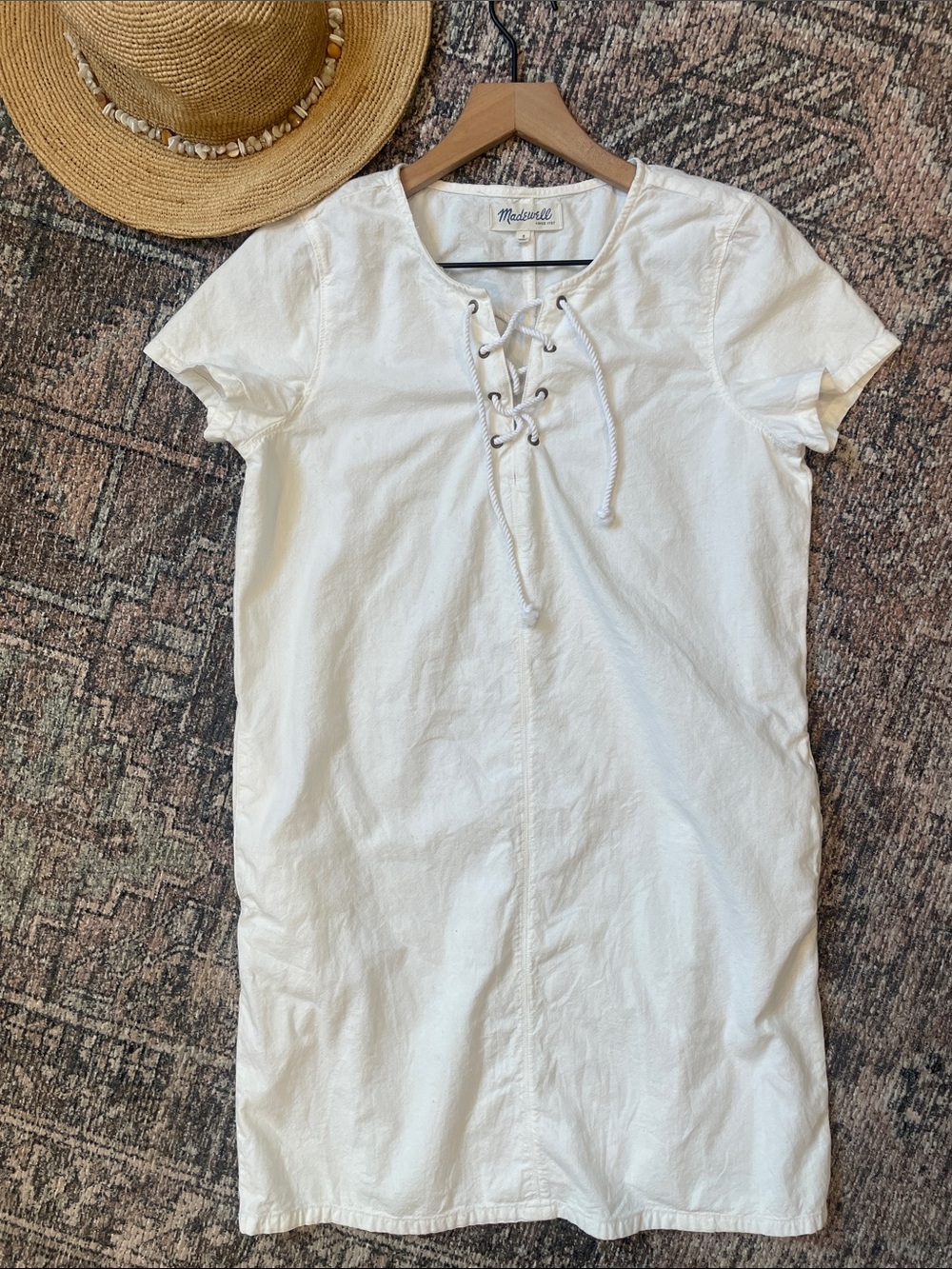 Madewell White Lace-Up Shift Dress 100% Cotton Pockets Size S